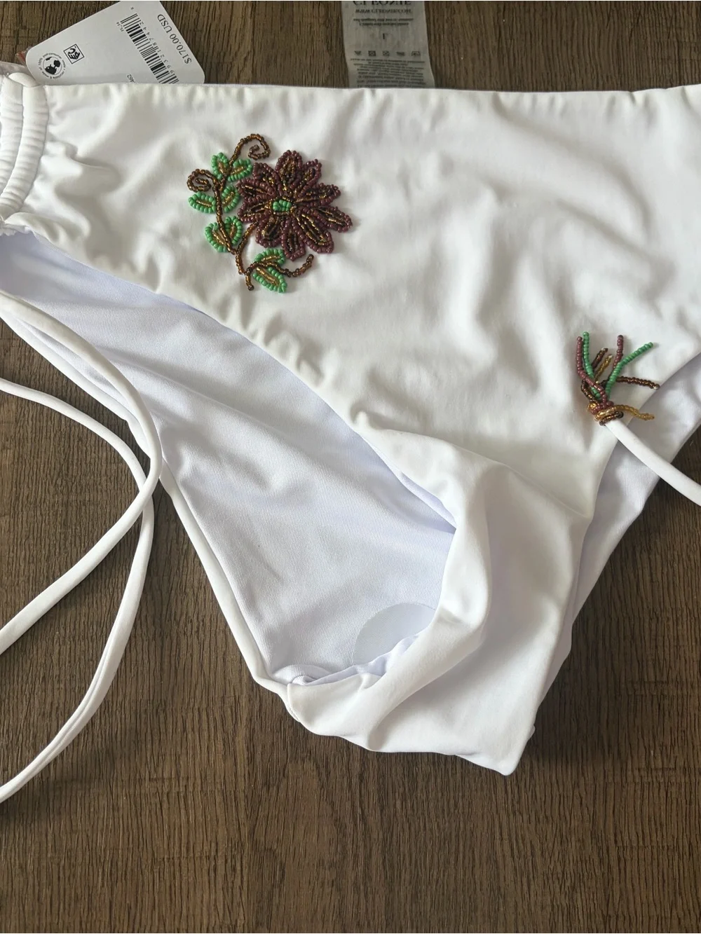Free People White  Bikini bottoms with Green & Brown Floral Embroidery